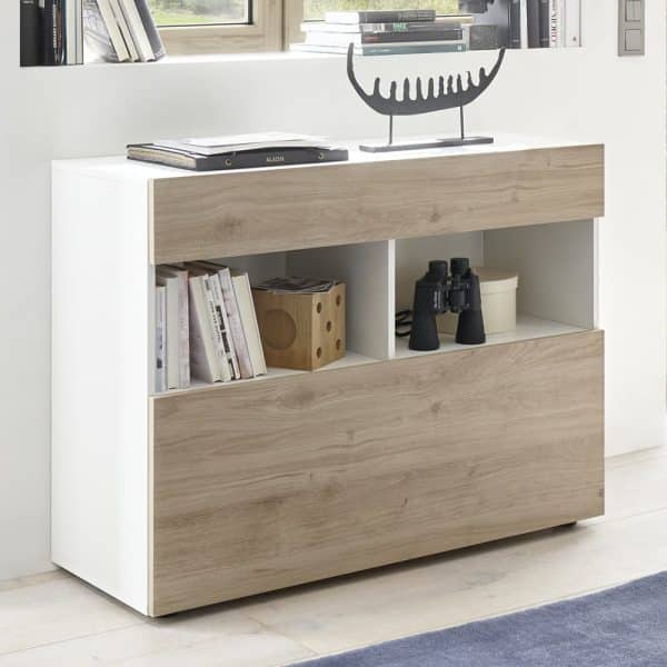 Solana White High Gloss Sideboard With 1 Drawer In Cadiz Oak | Bed Sava
