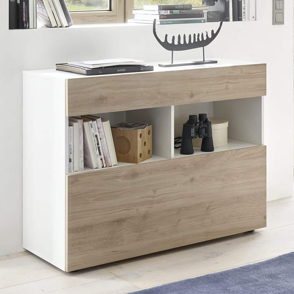 Solana White High Gloss Sideboard With 1 Drawer In Cadiz Oak