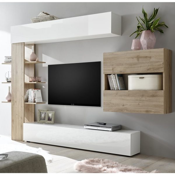 Solana White High Gloss Wall Entertainment Unit In Cadiz Oak | Bed Sava