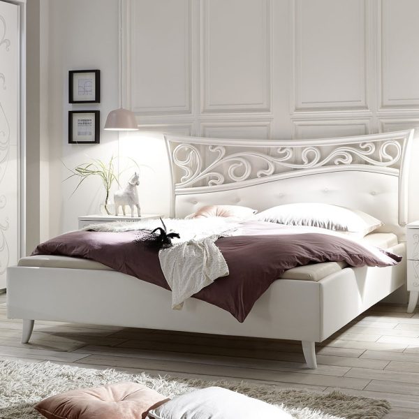 Solar Wooden King Size Bed In Serigraphed White | Bed Sava