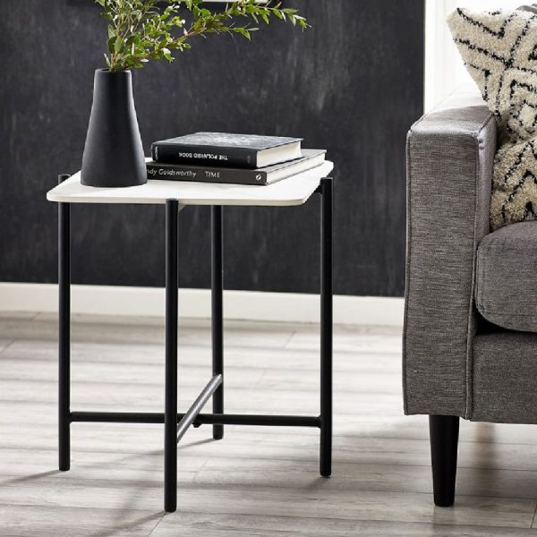 Solna Marble Lamp Table With Black Metal Legs In White | Bed Sava