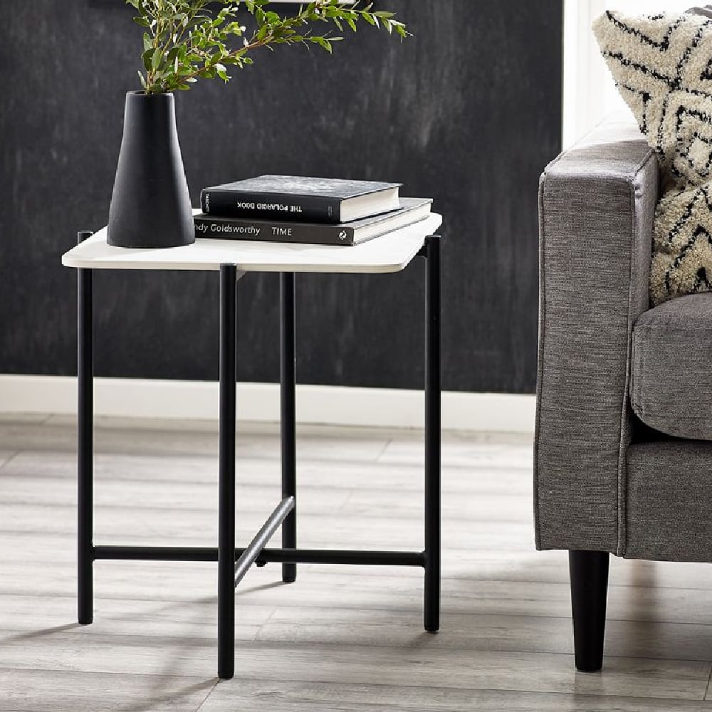 Solna Marble Lamp Table With Black Metal Legs In White