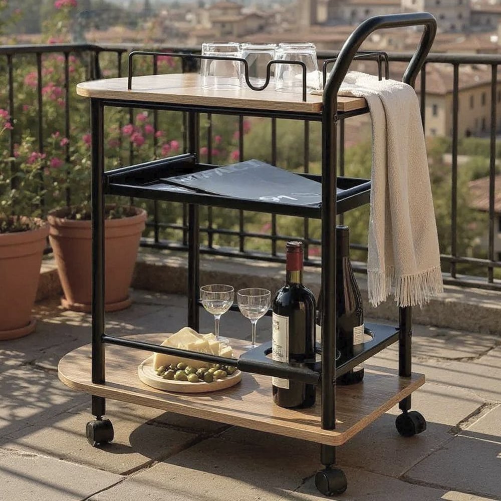Solna Wooden Drinks Serving Trolley In Oak And Black