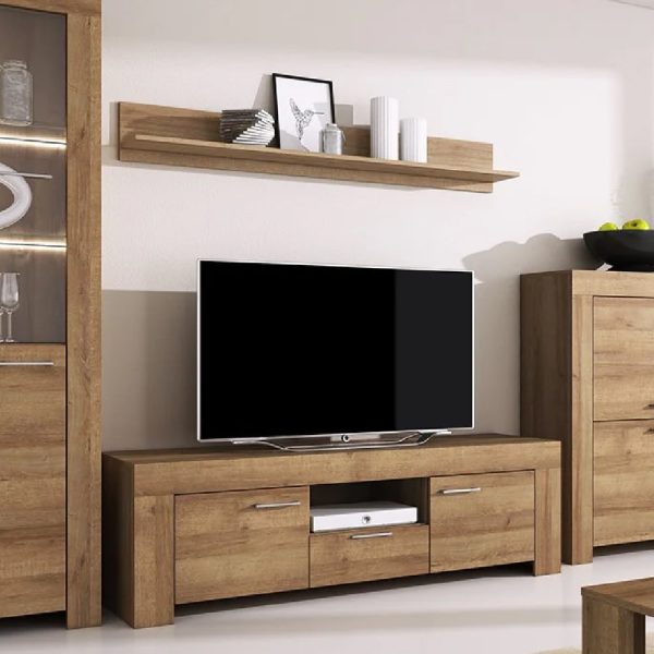 Sonora Wooden TV Stand With Wall Shelf In Riviera Oak | Bed Sava