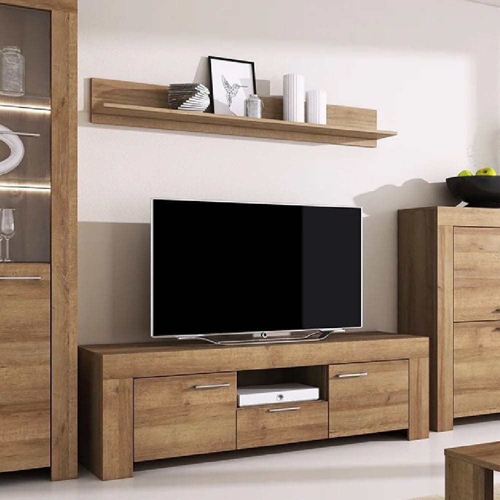 Sonora Wooden TV Stand With Wall Shelf In Riviera Oak