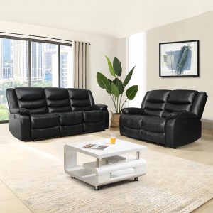 Sorreno 3+2 Bonded Leather Recliner Sofa Set In Black | Bed Sava