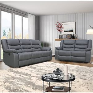 Sorreno 3+2 Bonded Leather Recliner Sofa Set In Dark Grey | Bed Sava