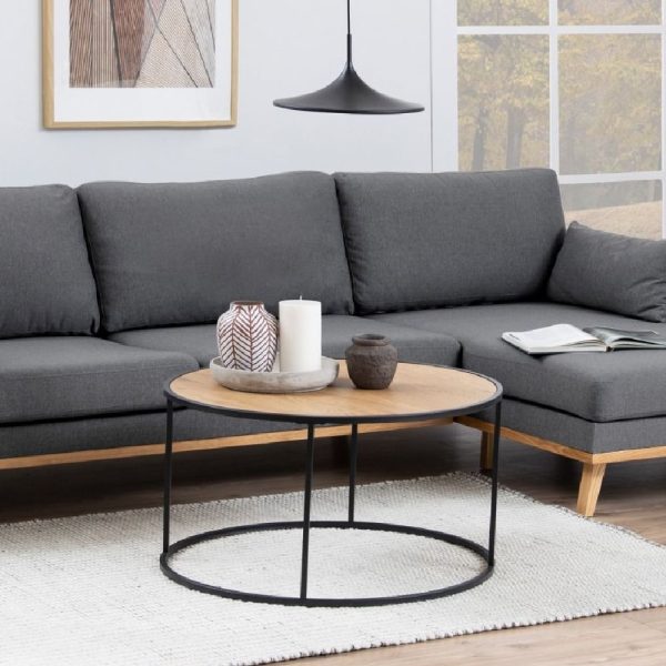 Sparks Wooden Coffee Table Round With Black Metal Frame In Oak | Bed Sava