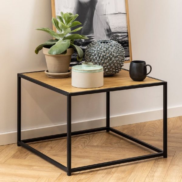 Sparks Wooden Coffee Table Square With Black Metal Frame In Oak | Bed Sava