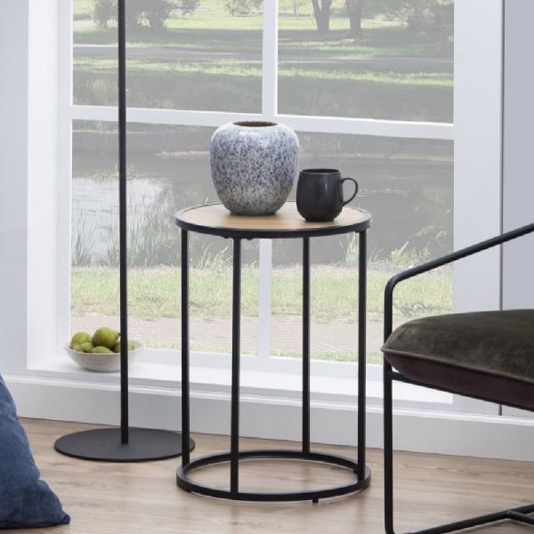Sparks Wooden Side Table Round With Black Metal Frame In Oak | Bed Sava