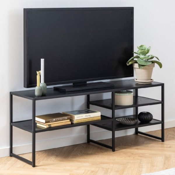 Sparks Wooden TV Stand With 3 Shelves In Ash Black | Bed Sava