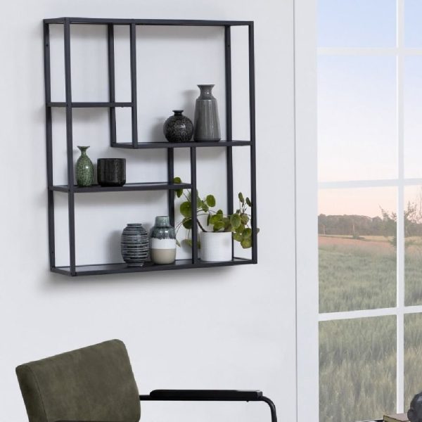 Sparks Wooden Wall Shelf With 4 Shelves In Black | Bed Sava