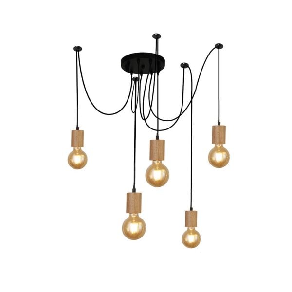 Spinny 5 Light Pendant Light In Wood And Matt Black | Bed Sava