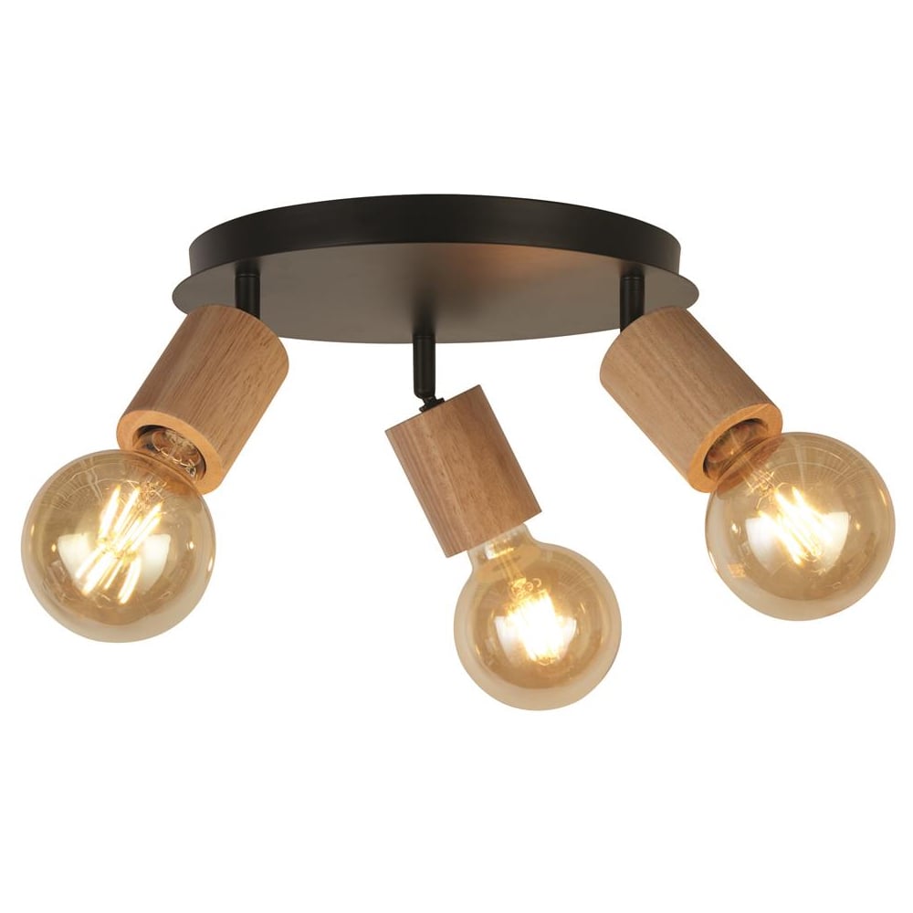 Spinny 3 Light Spotlight Round In Wood And Matt Black