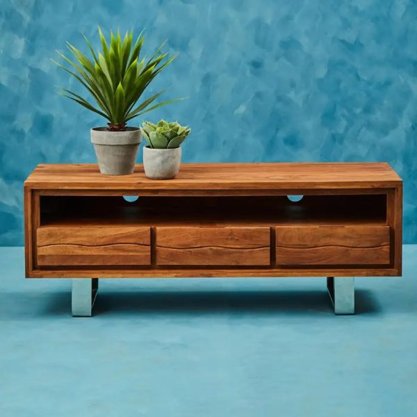Spooner Wooden TV Stand With 3 Drawers In Brown | Bed Sava