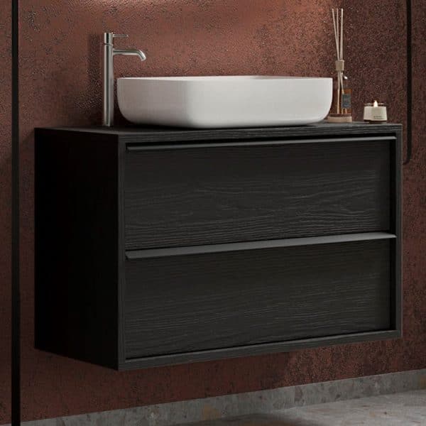 Steelville Wooden Wall Hung Vanity Unit In Burnt Black 105cm | Bed Sava