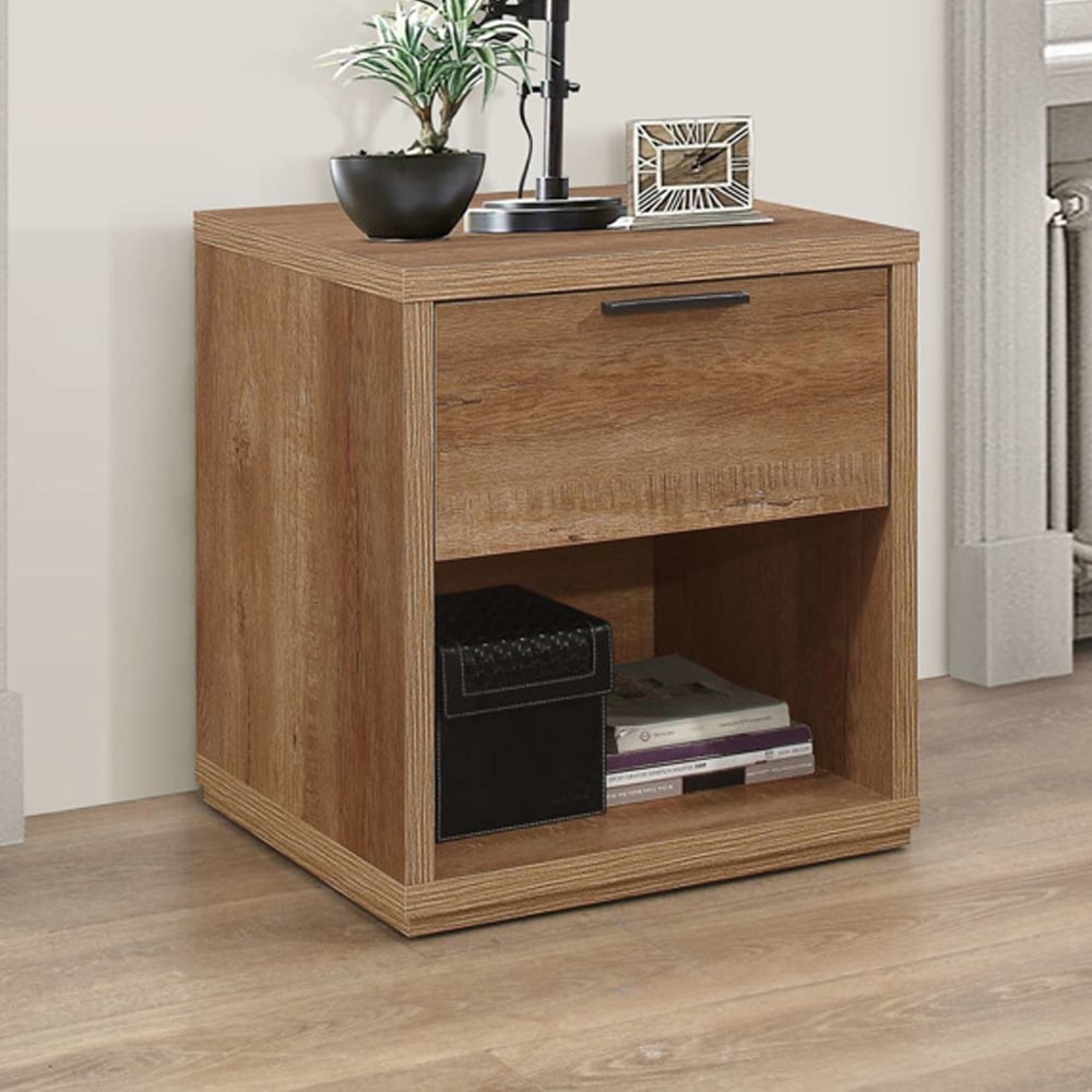 Seward Wooden Bedside Cabinet With 1 Drawer In Rustic Oak