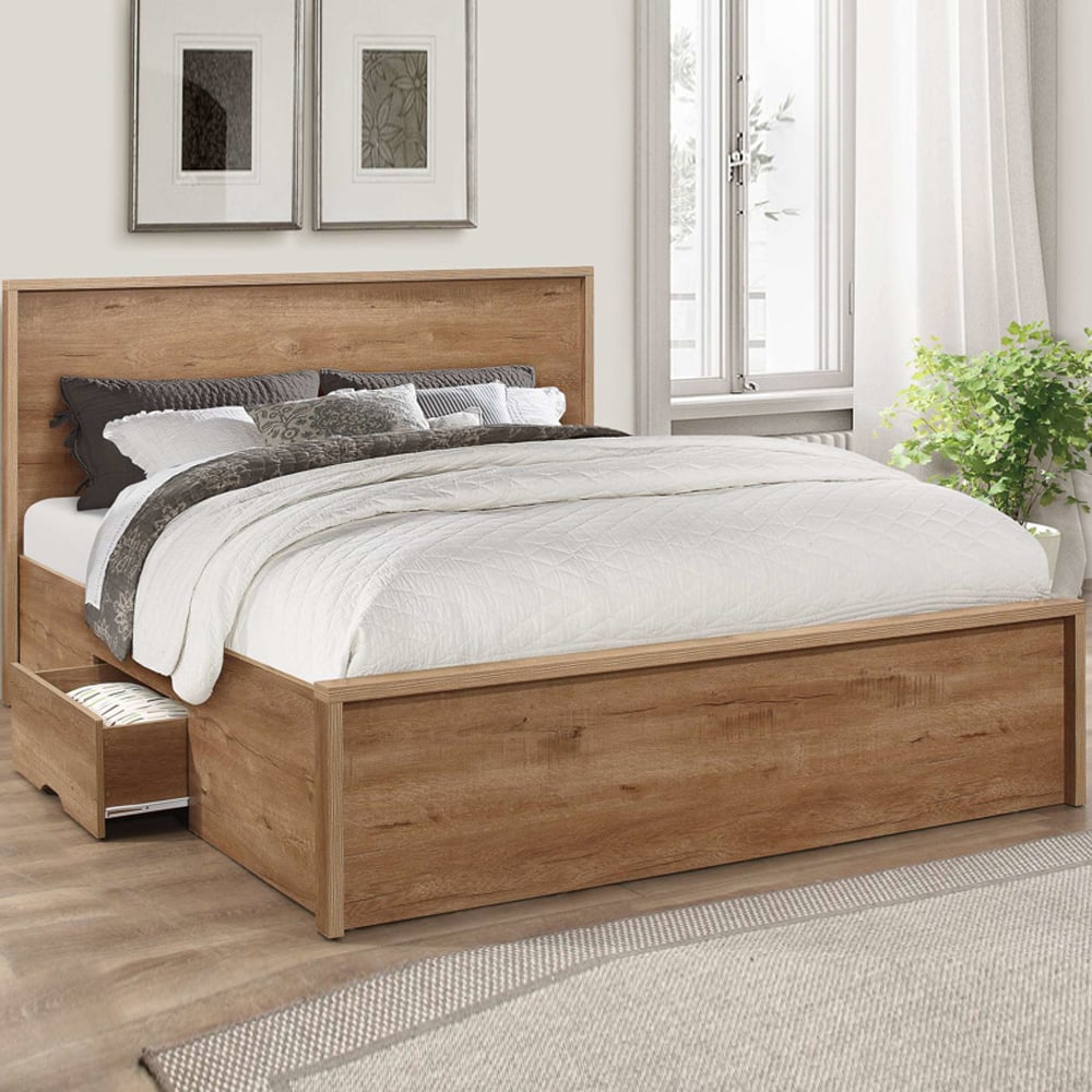 Seward Wooden Double Bed With 2 Drawers In Rustic Oak