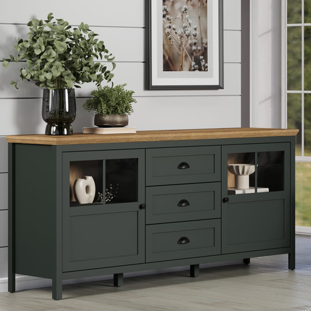 Stowe Large Wooden Sideboard 2 Doors 3 Drawers In Green And Oak