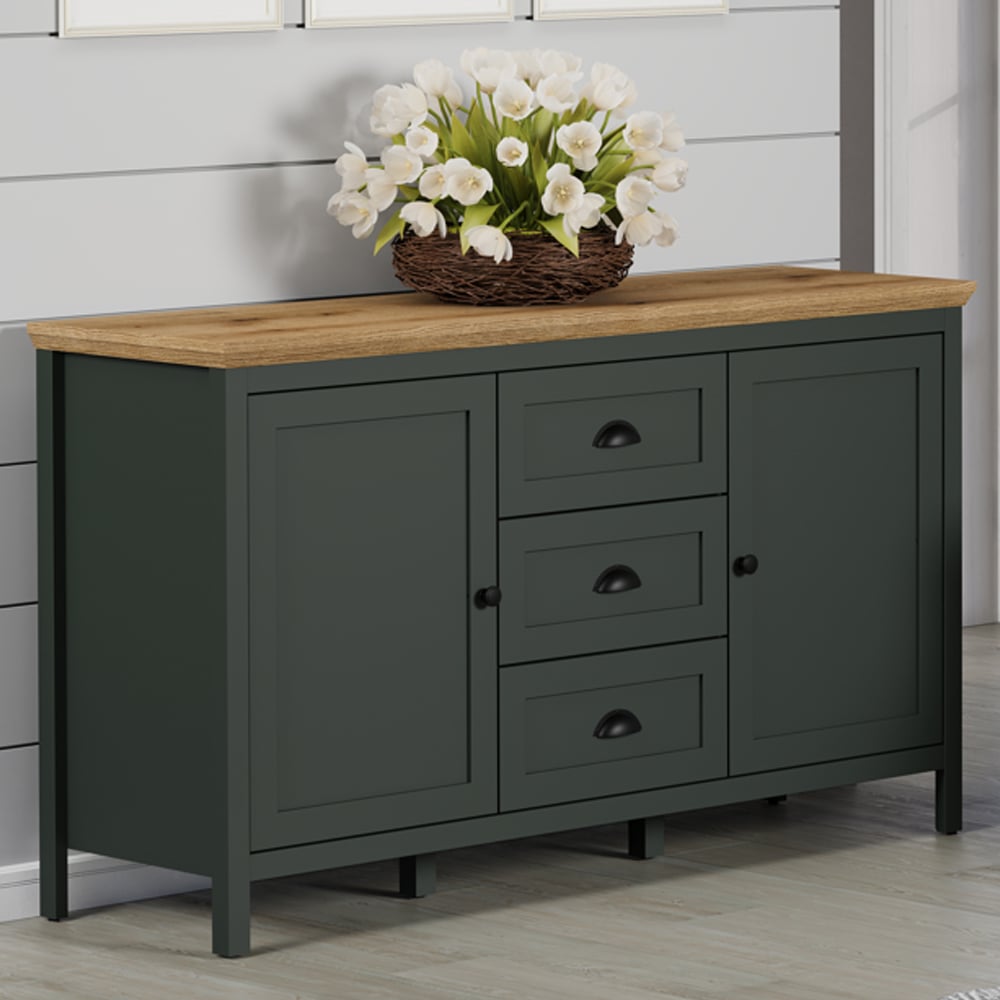 Stowe Small Wooden Sideboard 2 Doors 3 Drawers In Green And Oak