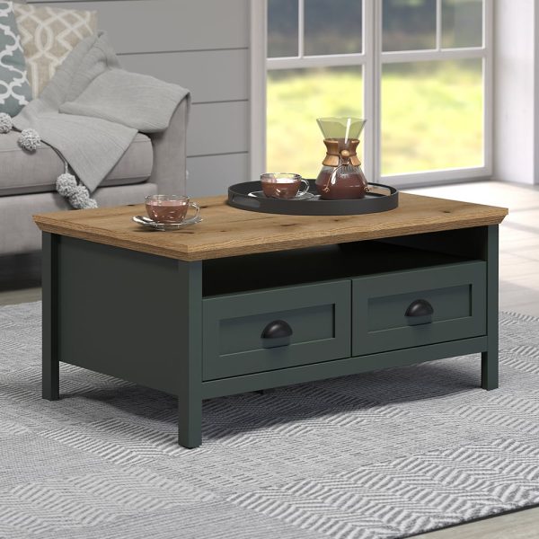 Stowe Wooden Coffee Table With 2 Drawers In Green And Oak | Bed Sava