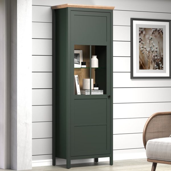 Stowe Wooden Display Cabinet With 1 Door In Green And Oak | Bed Sava