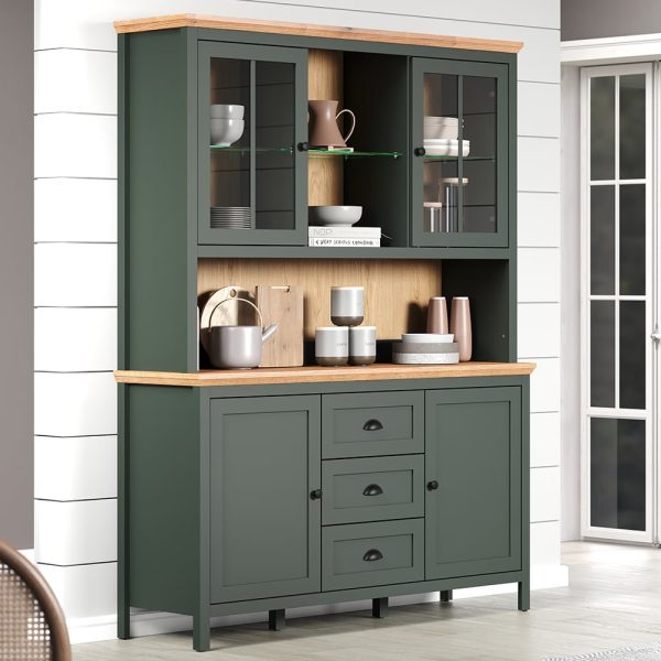 Stowe Wooden Display Cabinet 4 Doors 3 Drawer In Green And Oak | Bed Sava