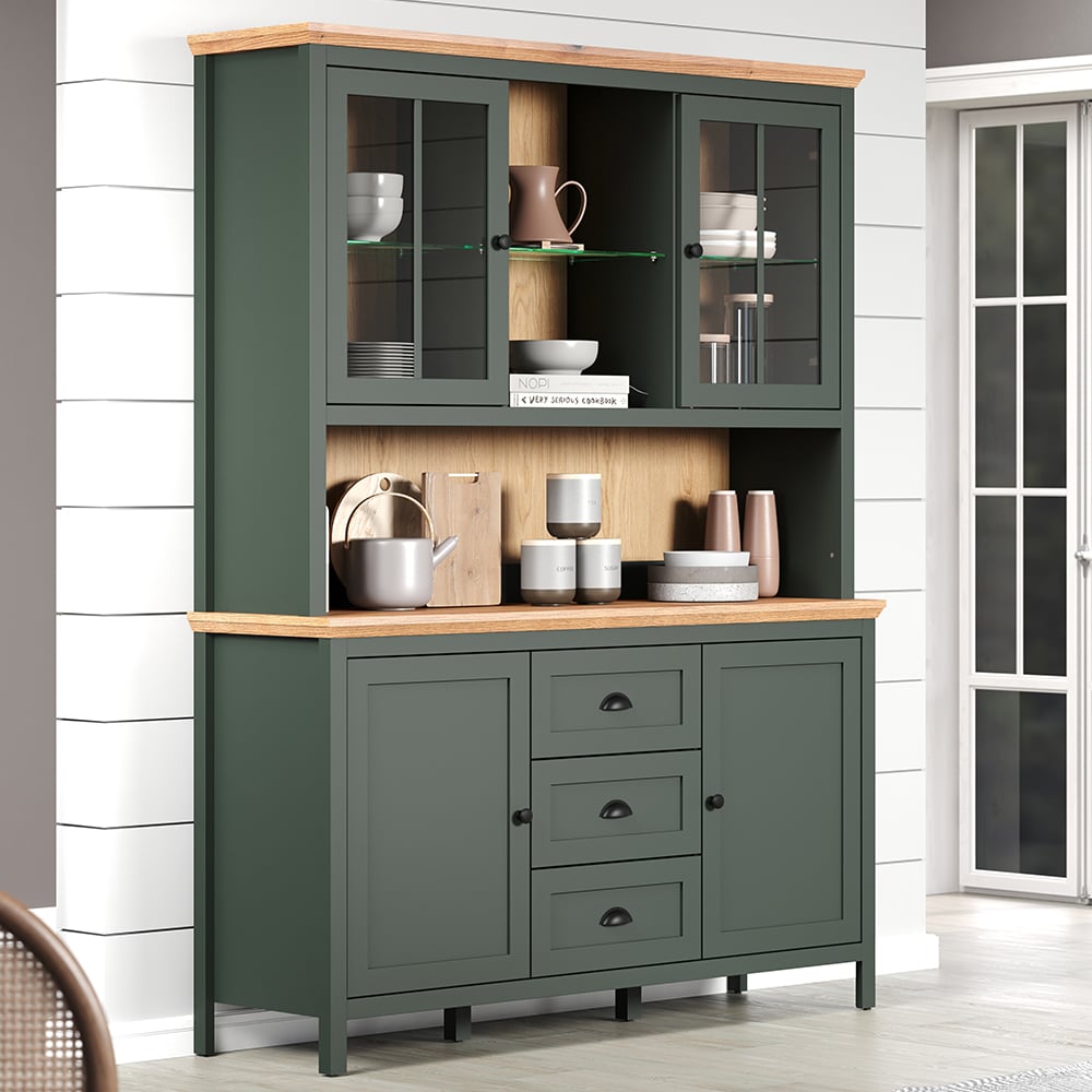 Stowe Wooden Display Cabinet 4 Doors 3 Drawer In Green And Oak