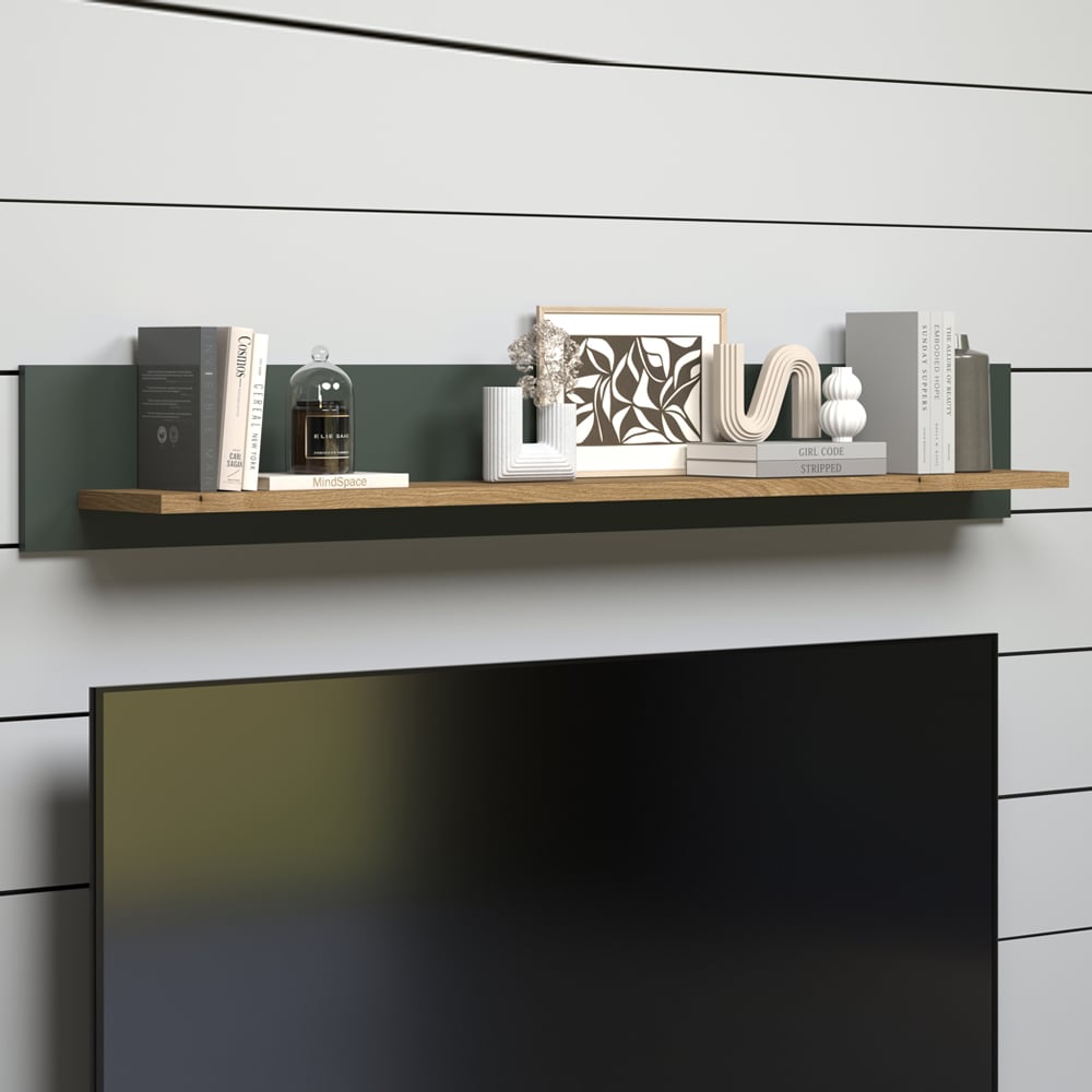 Stowe Wooden Horizontal Wall Shelf In Green And Oak