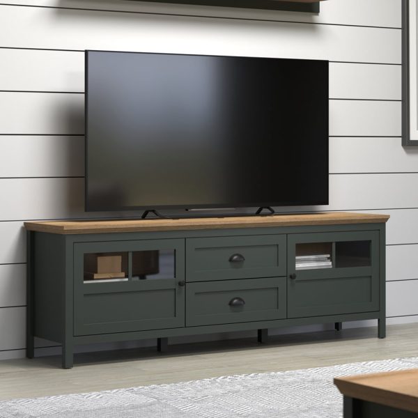 Stowe Wooden TV Stand With 2 Doors 2 Drawers In Green And Oak | Bed Sava
