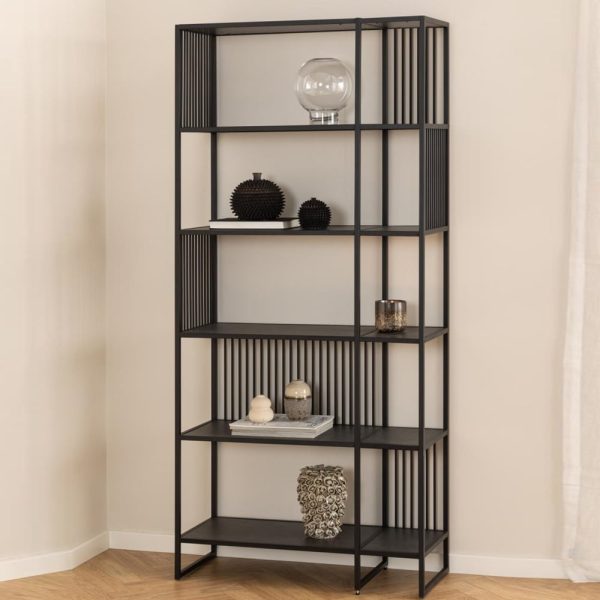 Surf Tall Wooden Bookcase With Metal Frame In Matt Black Izmir | Bed Sava