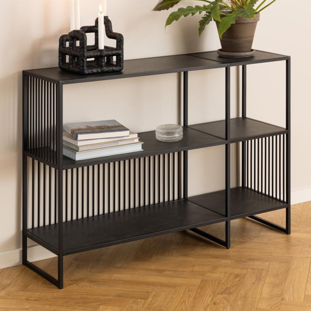 Surf Wide Wooden Bookcase With Metal Frame In Matt Black Izmir