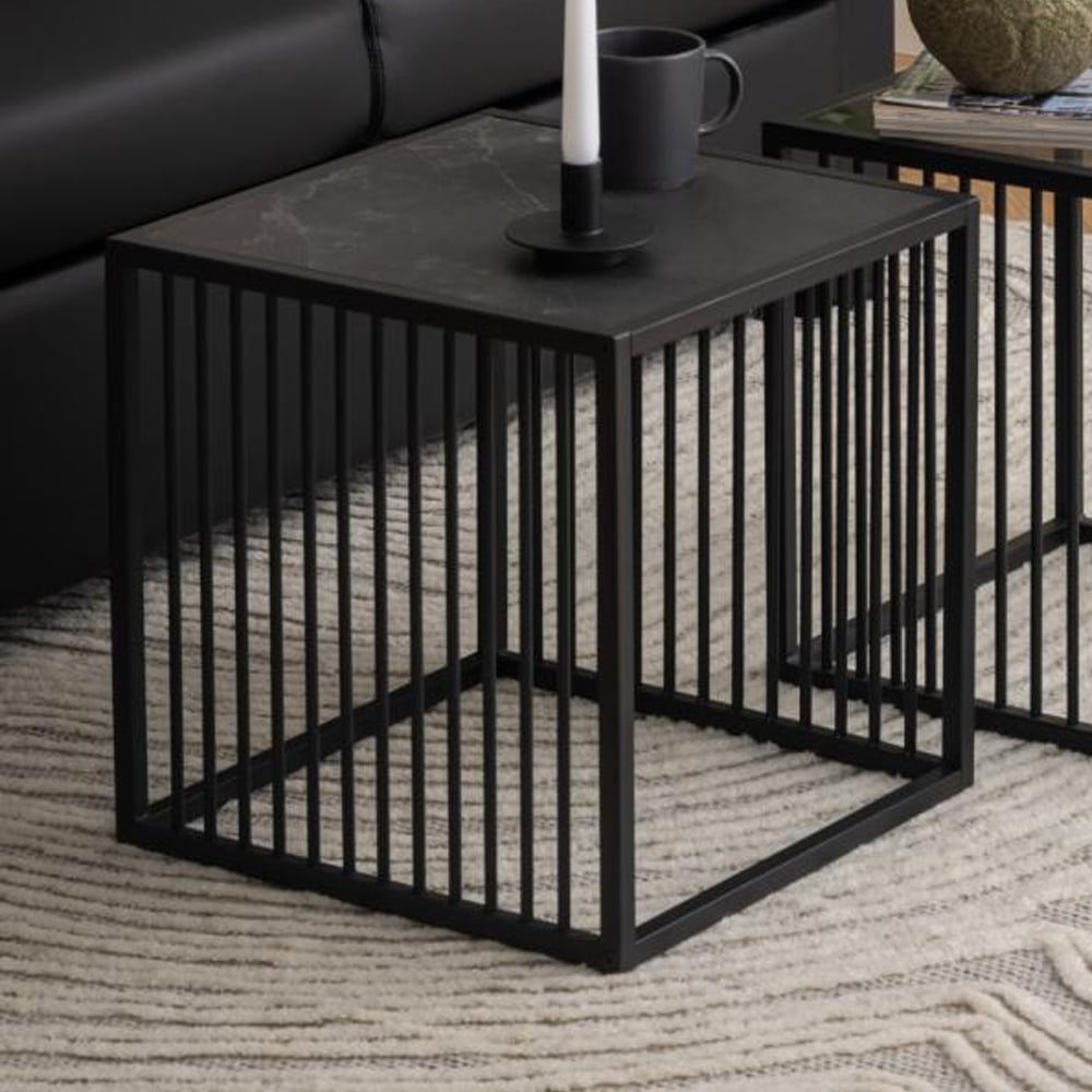 Surf Wooden Side Table With Metal Frame In Matt Black Izmir