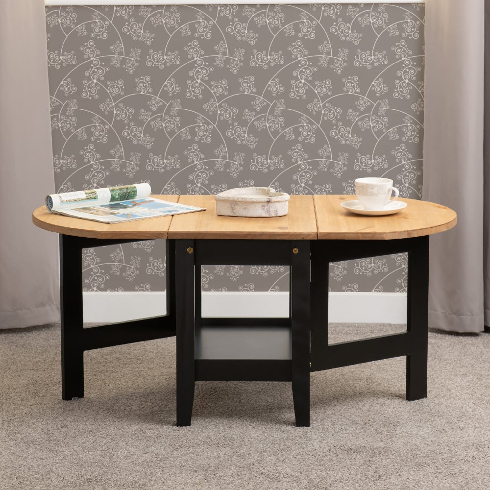 Suva Wooden Drop Leaf Coffee Table In Waxed Pine And Black