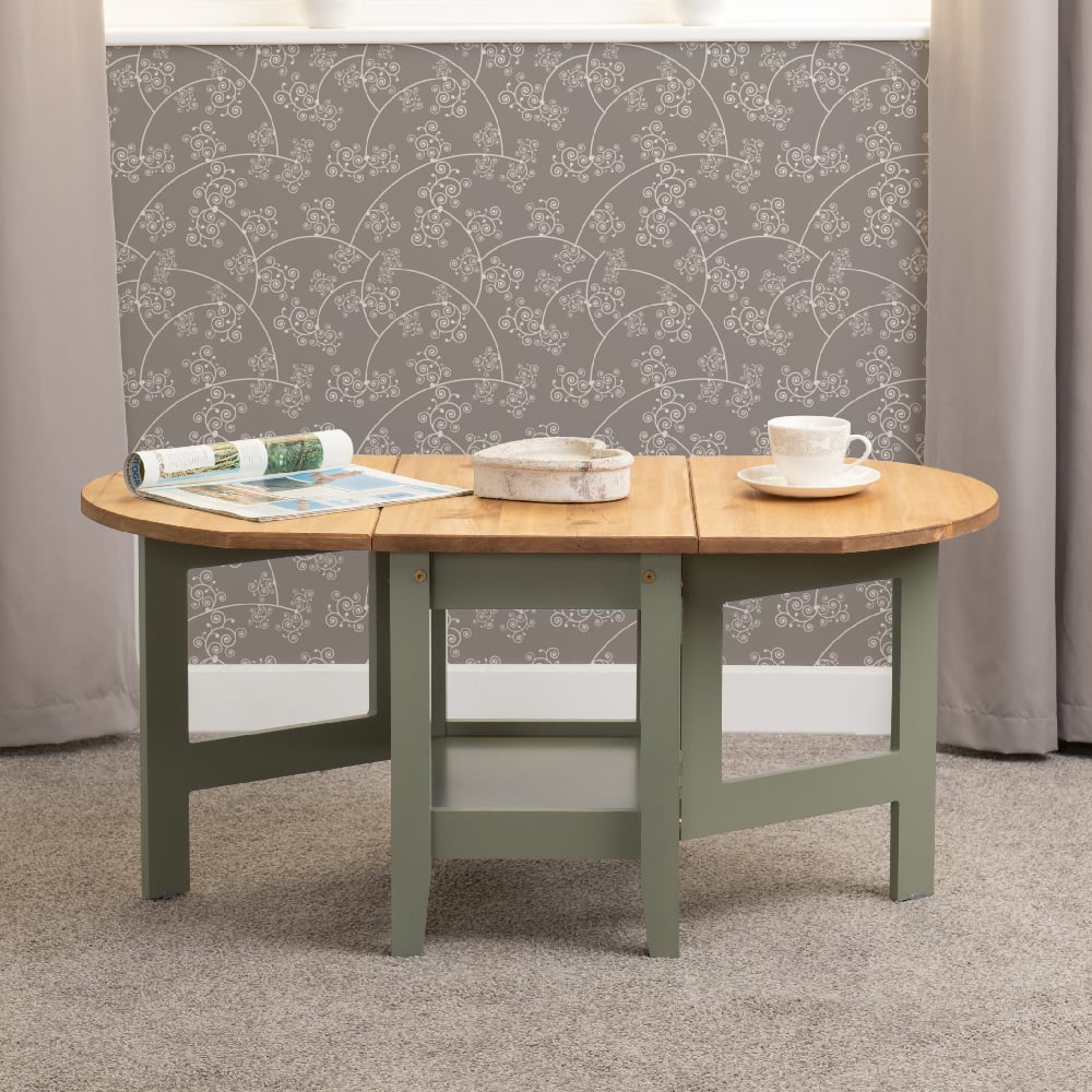 Suva Wooden Drop Leaf Coffee Table In Waxed Pine And Green
