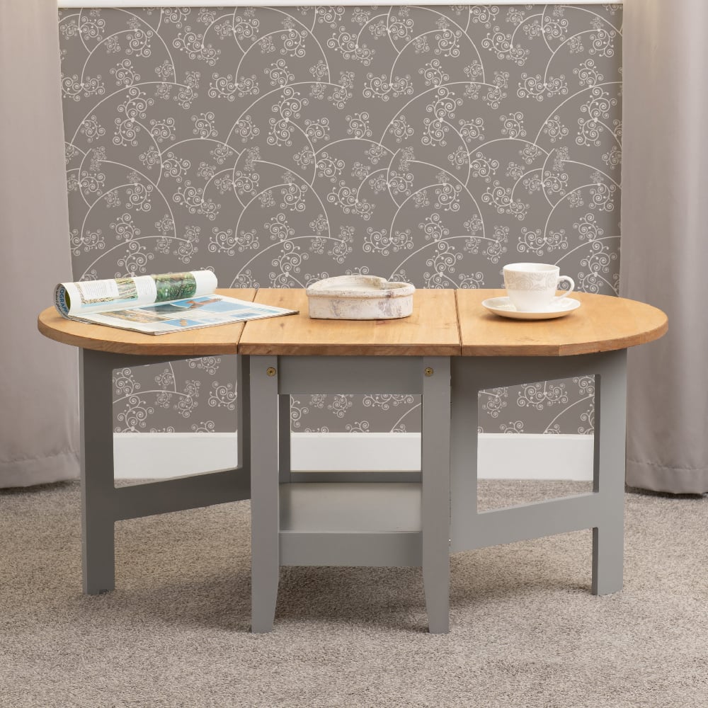 Suva Wooden Drop Leaf Coffee Table In Waxed Pine And Slate Grey