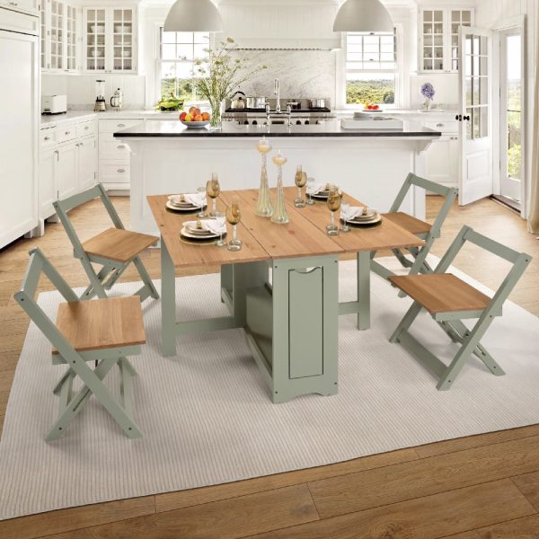 Suva Wooden Folding Dining Table With 4 Chairs In Green Waxed Pine | Bed Sava