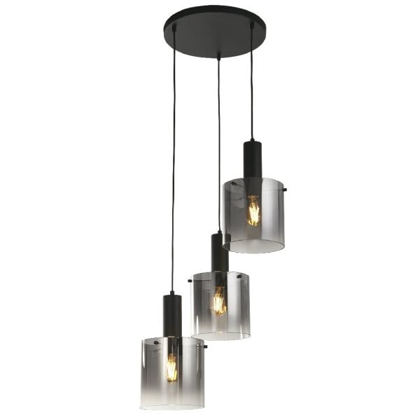 Sweden 3 Light Smoked Glass Multi Drop Pendant Light In Black | Bed Sava