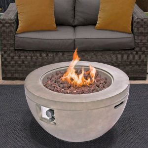 Tampere Faux Stone Burning Fire Pit With Grilling In Light Grey | Bed Sava
