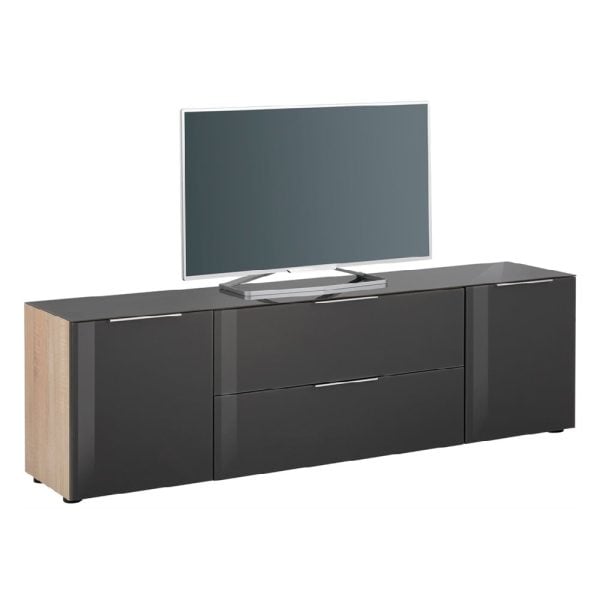 Taos Wooden TV Stand Large With Glass Top In Black And Oak | Bed Sava