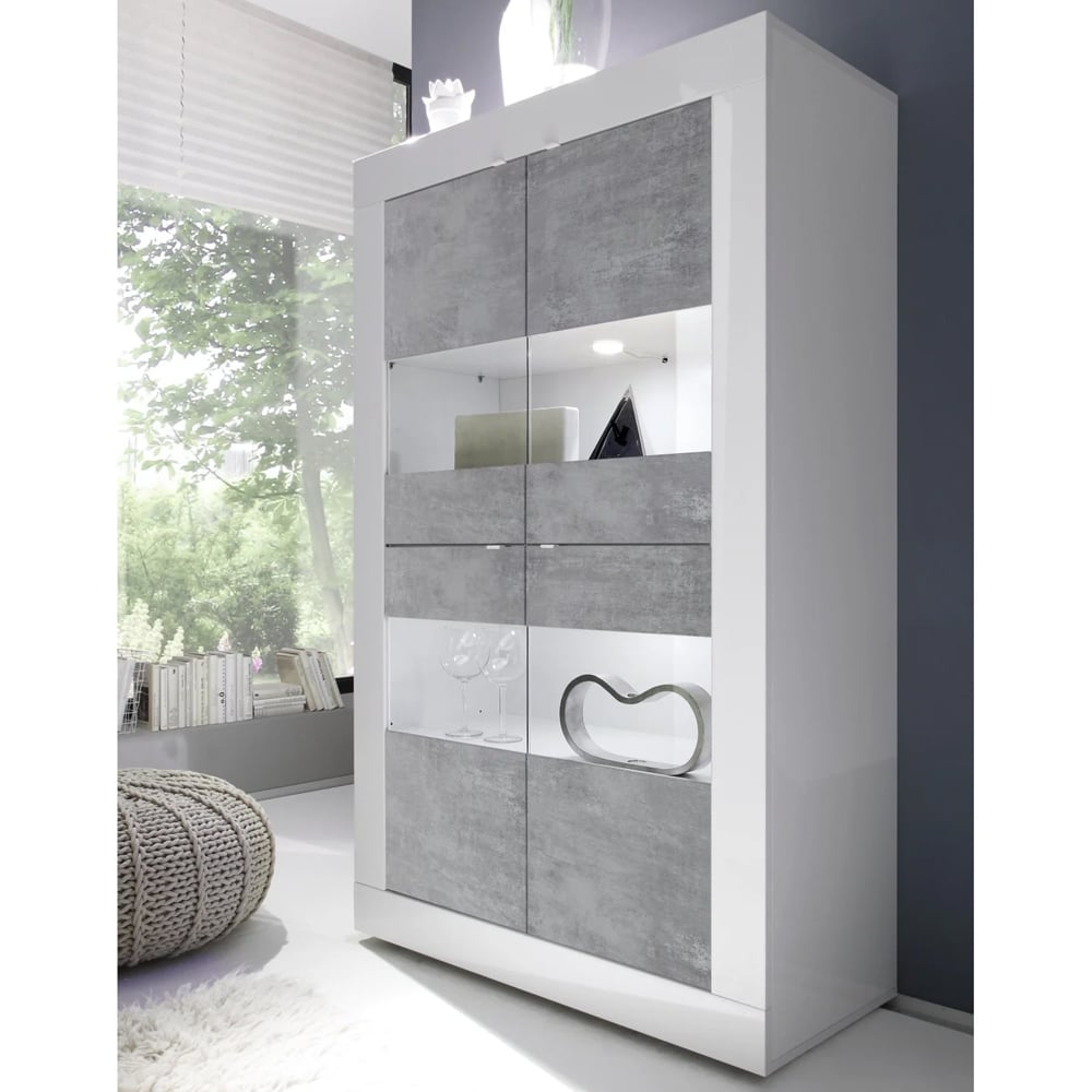 Taylor White Gloss Display Cabinet 4 Doors In Cement With LED