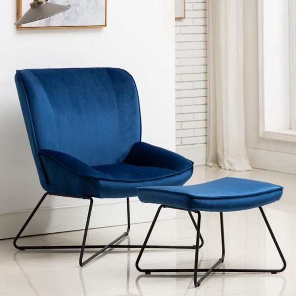 Thorsby Velvet Accent Chair With Stool In Blue | Bed Sava