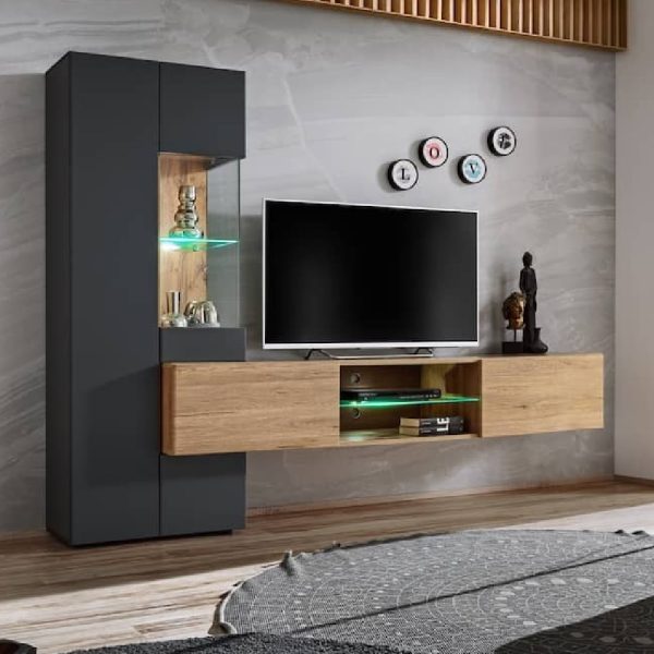 Teaneck Wooden Entertainment Unit In Wotan Oak And Anthracite | Bed Sava