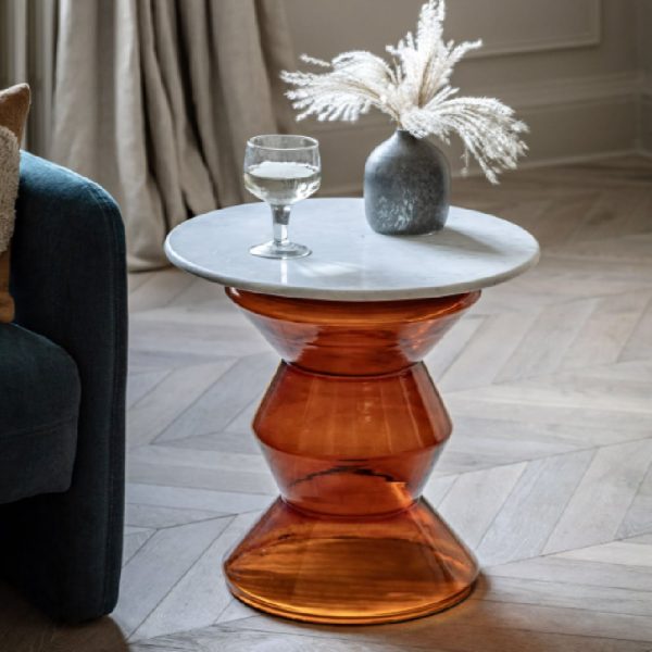 Temecula Marble Round Side Table In White And Orange | Bed Sava