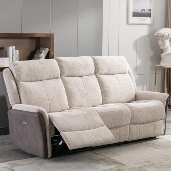 Ternate Fabric Electric Recliner 3 Seater Sofa In Beige | Bed Sava