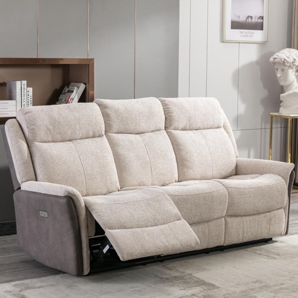 Ternate Fabric Electric Recliner 3 Seater Sofa In Beige