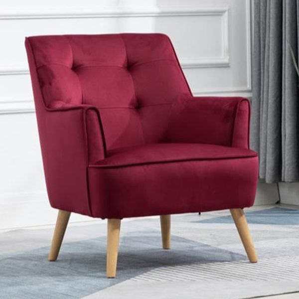 Terni Velvet Accent Chair With Oak Legs In Dark Crimson | Bed Sava