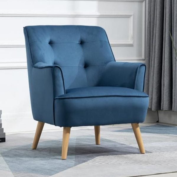 Terni Velvet Accent Chair With Oak Legs In Navy | Bed Sava