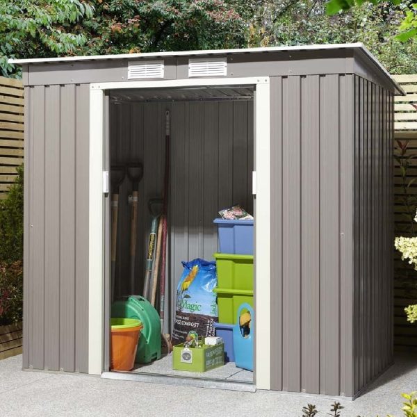 Thorpe Metal Garden Pent Shed In Light Grey 6×4 | Bed Sava