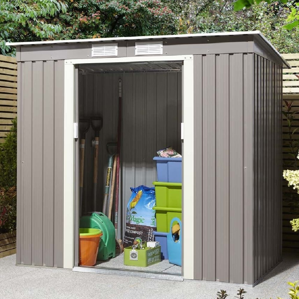 Thorpe Metal Garden Pent Shed In Light Grey 6x4